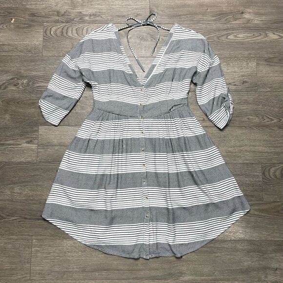 Free People Dress Black White Stripe Mini Tunic Size XS Button Front Rayon - Picture 2 of 13